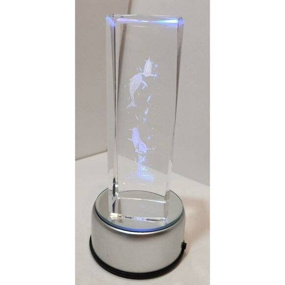 3D Laser Etched Dolphins Crystal Paperweight w/Lighting Base - Picture 6 of 16